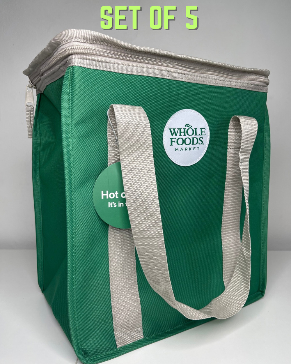 Set of 5 — Whole Foods Reusable Green Zip Top Insulated Hot Cold Cooler Tote Bag